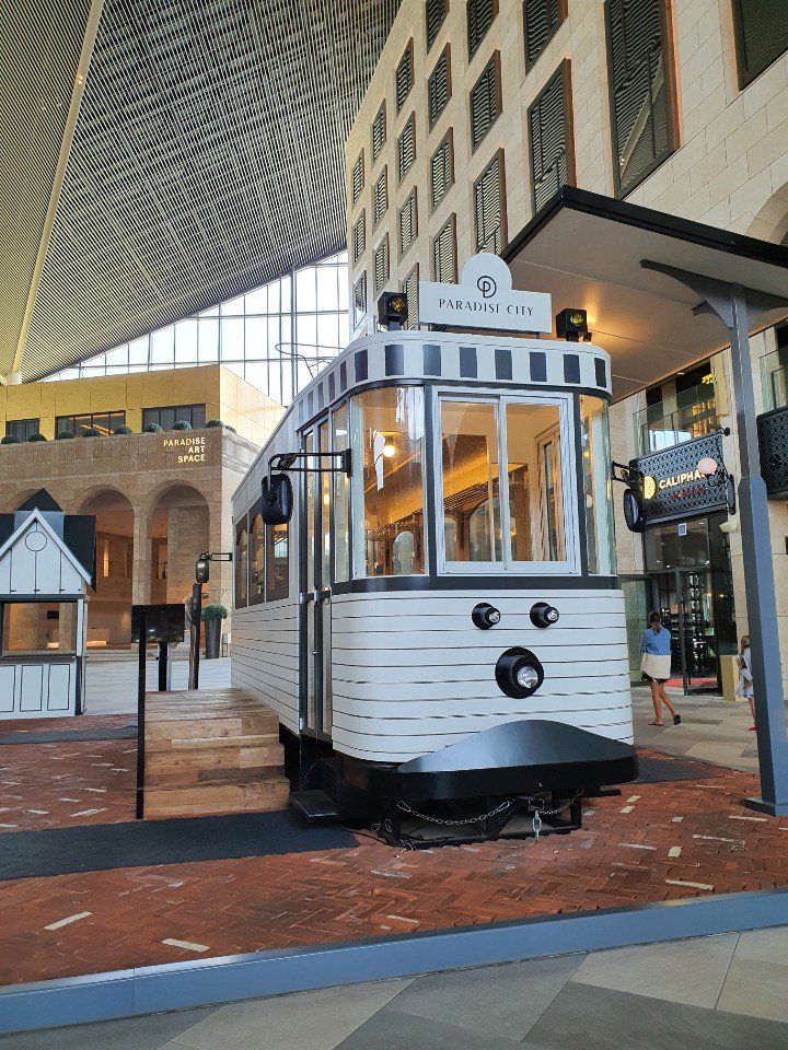 Old-style tram on display in the Paradise City Plaza