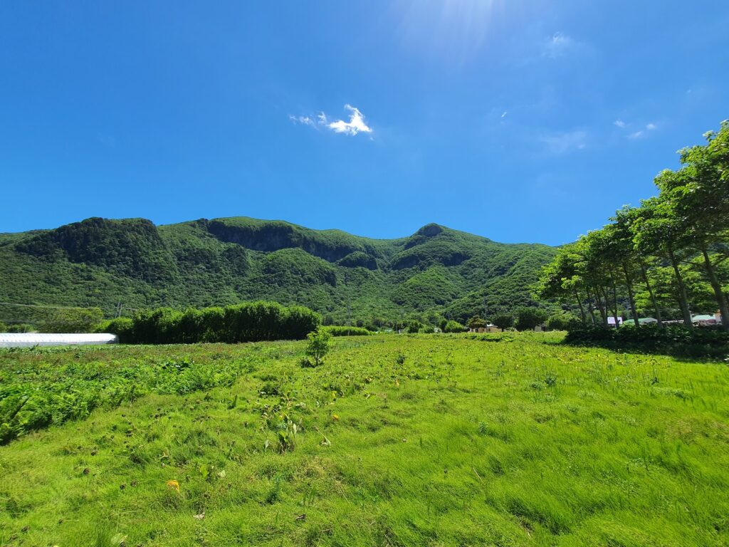 Green fields of Nari Basin surrounded by mountains on Ulleungdo