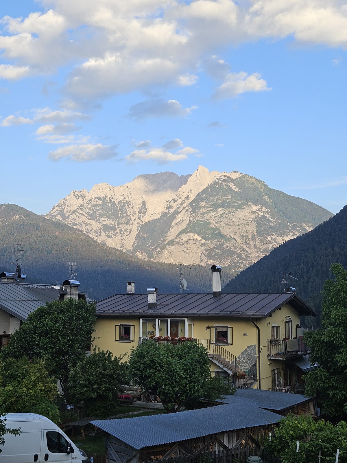 Evening view of a mountain from our Airbnb in Auronzo di Cadore