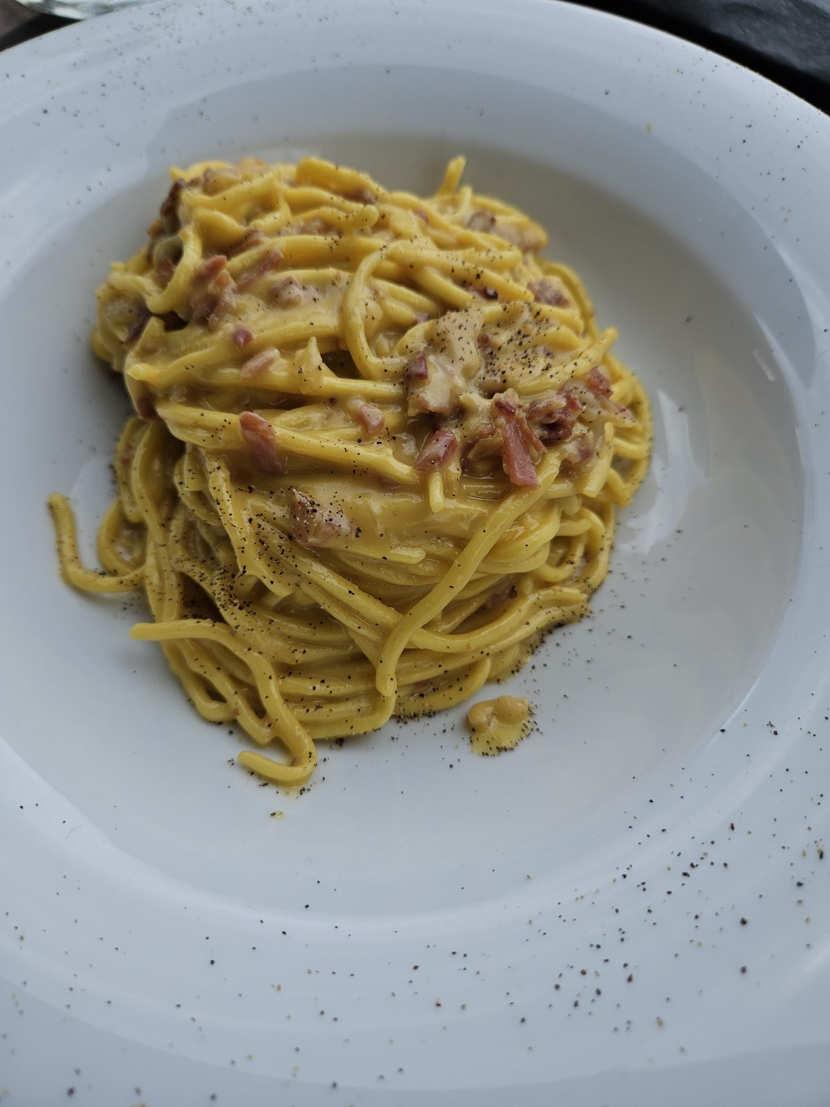 Plate of spaghetti carbonara at Baita Resch above Cortina d'Ampezzo