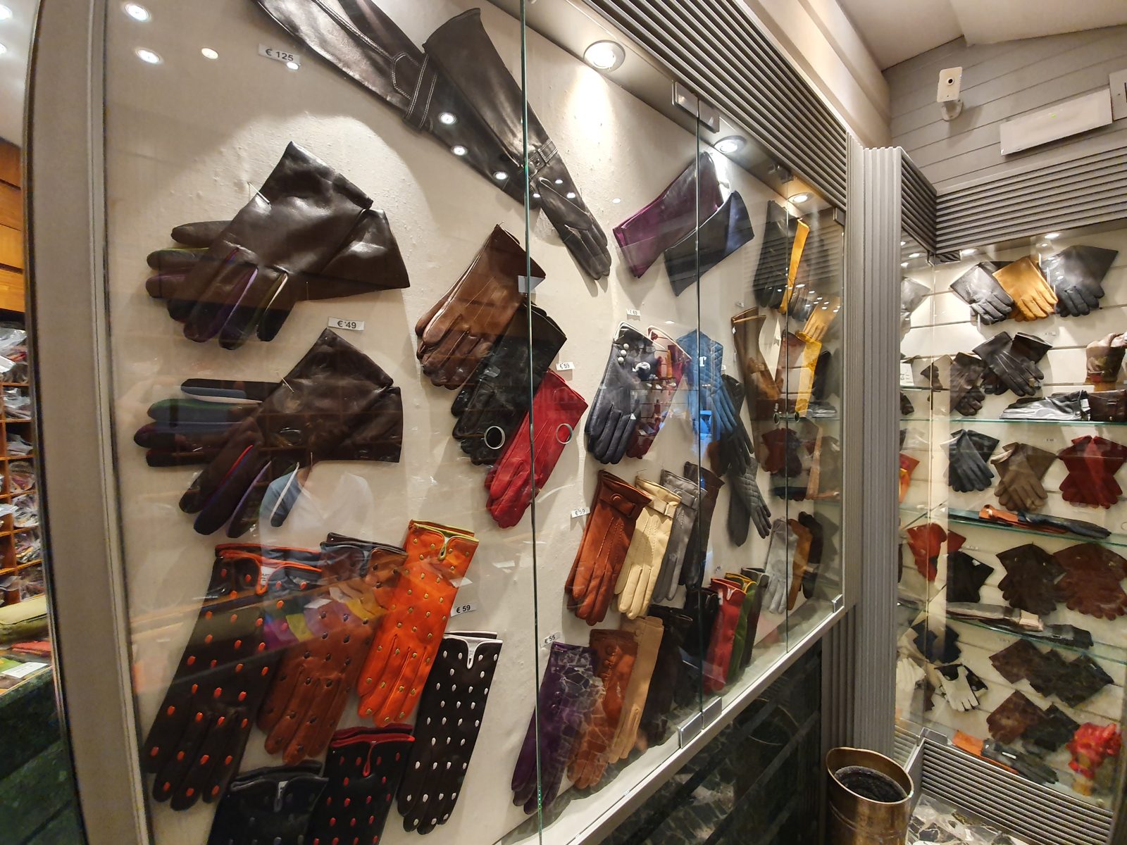 Leather gloves on display at the Martelli glove shop, Florence