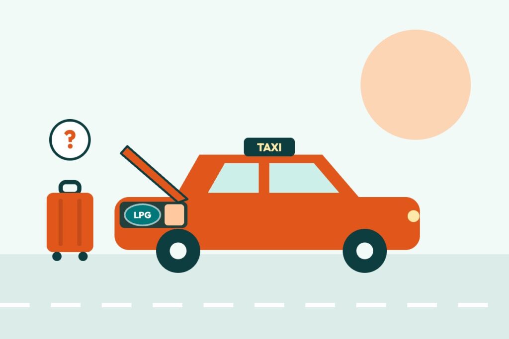 Korean taxi with an LPG gas tank in the trunk and a second suitcase that does not fit