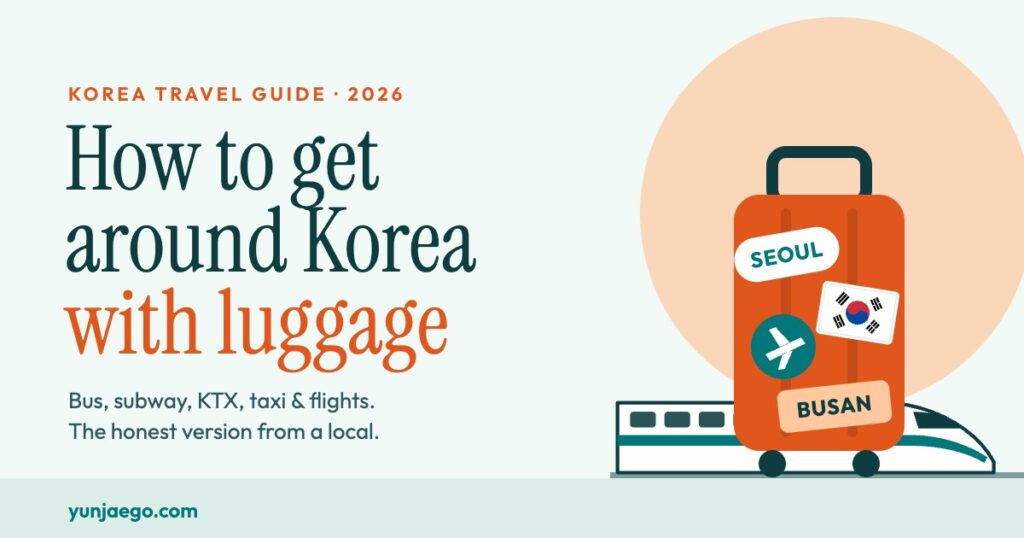 How to get around Korea with luggage: a suitcase with Seoul and Busan stickers in front of a high-speed train